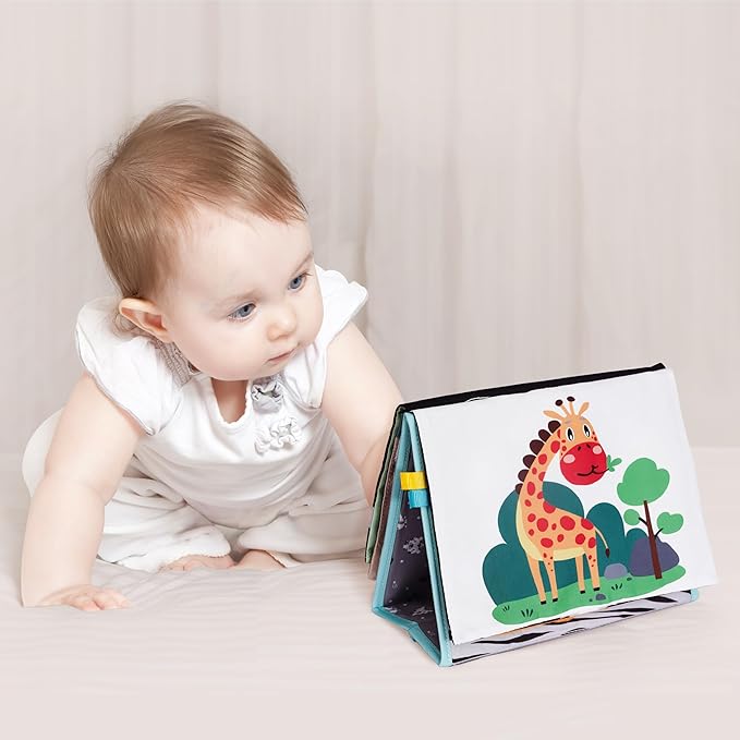 TINITIGIES Tummy Time Mirror for Babies - High Contrast Baby Mirror Book with Silicone Teether & Crinkle Pages - Tummy Time Toys for Babies 0 3 6 9 Months