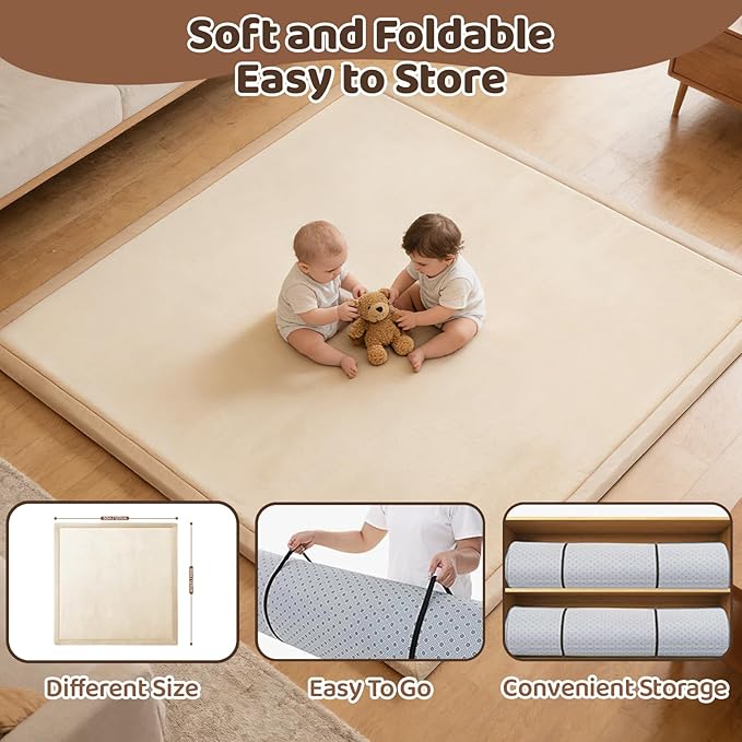 Baby Play Mat for Floor, 1.3 Inch Thick Memory Foam Tummy Time Mat with Non Slip Backing, Soft Coral Velvet 71X79 Inch Playpen Mat Crawling Tatami for Infants Toddlers Kids, Beige