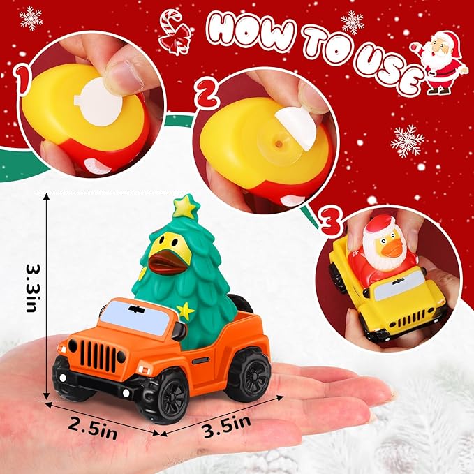 24 Pcs Christmas Rubber Ducks for Jeeps, 3.5 Inch Ducks for Ducking, Off-Road Vehicles Suitable for 2 Inch Ducks, 12 Christmas Rubber Ducks with 12 Cars, Bath Toy Christmas Party Favors Gifts