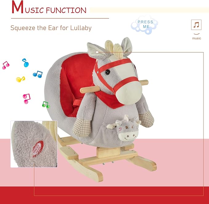 Qaba Kids Ride-On Rocking Horse Toy, Rocker with Lullaby Song, Hand Puppets & Soft Plush Fabric for Children 18-36 Months, Gray