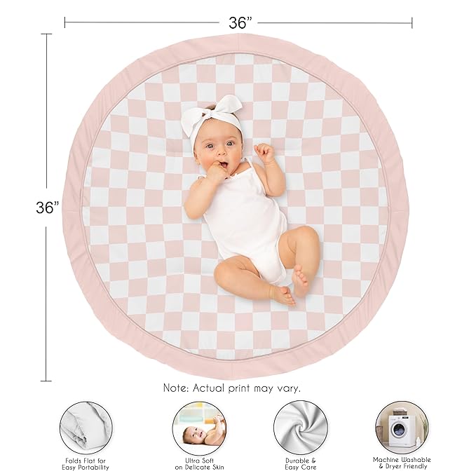 Sweet Jojo Designs Baby Play Mat (Pink Gingham Checkered Plaid) for Girls, Infant, Toddler Tummy Time Activity Floor Playmat (Vintage, Classic, Checkerboard, Geometric, Minimalist, Retro, Blush)