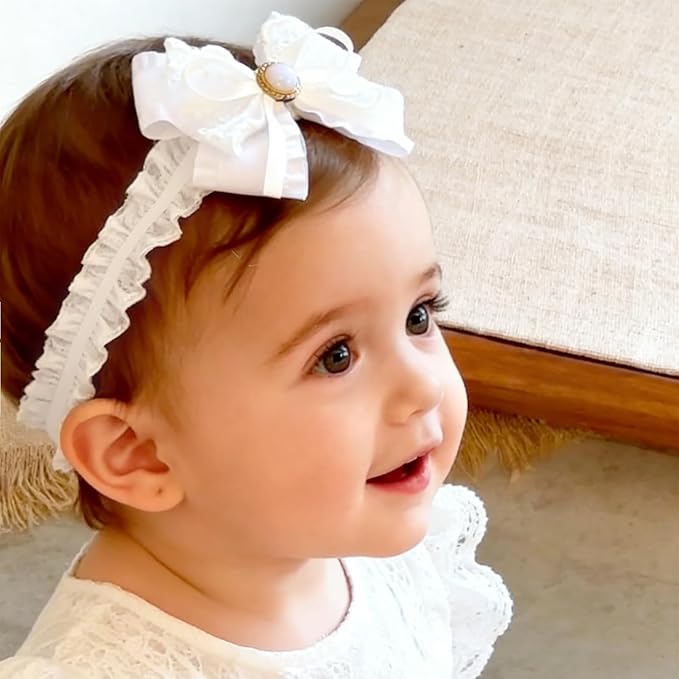 Baby Girls Headband White Bow Lace Headbands Soft Elastic Bowknot Hairbands Cute Hair Accessory for Newborn Kids Infant Toddler Baptism Birthday Party (Bow E)