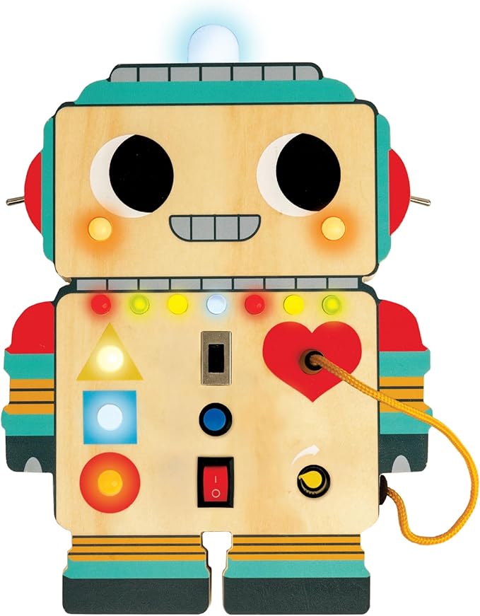 Peaceable Kingdom Blinkity Bot Light Up Busy Board for Toddlers Montessori Wooden Toy