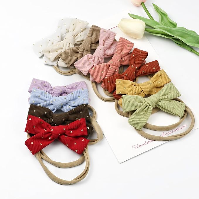 Baby Girl Hair Bow Nylon Headband with Dots, Corduroy Tiny Bow Hair Bands 12pcs for Newborn Infant Toddlers(corduroy B 12PCS)