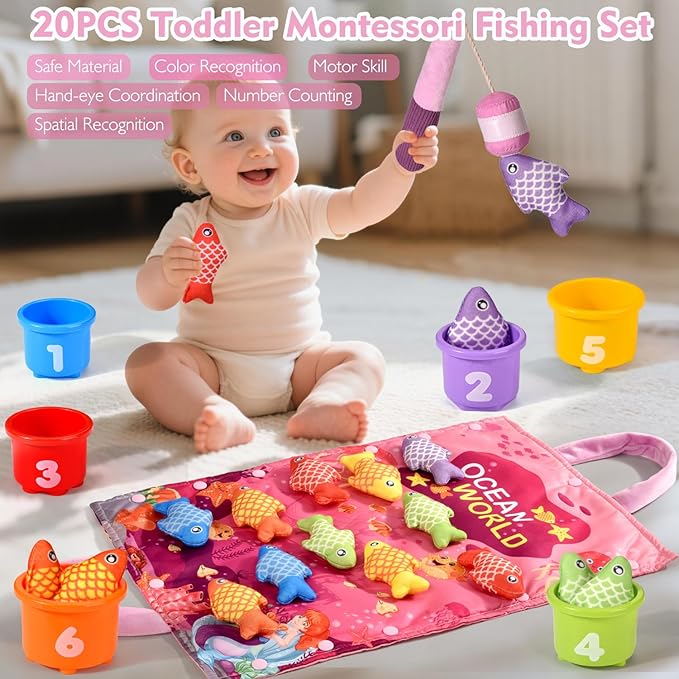 Montessori Toys for 1 Year Old - 20PCS Cloth Toddler Pink Fishing Game with Stacking Cups,Baby Color Sorting Toy 12-18 Months One Year Old Birthday Gift,Best Easter Gifts for 1-3 Year Olds