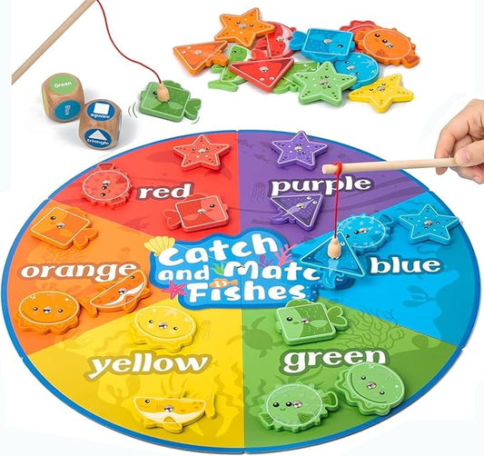 Montessori Toys for Toddlers 1-3,Wooden Magnetic Fishing Game Educational Shape & Color Sorting for Kid 3-5,Boy Girl Preschool Learning Motor Skill Matching Activity Toy for Age 2-4 (Foldable mat)