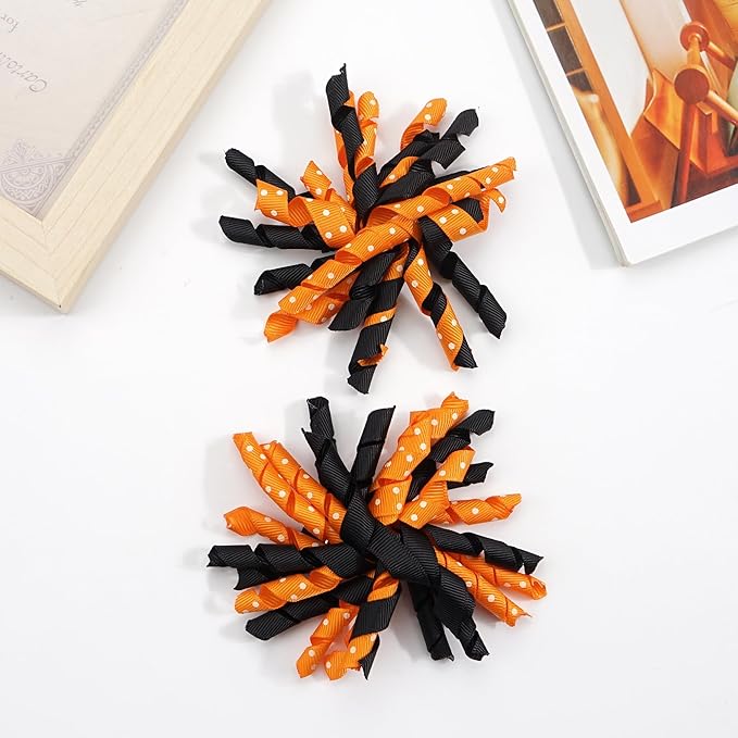 Yxiang 2PCS Orange Korker Hair Bow Clips Toddler Girls 3'' Curly Corker Ribbon Hair Clip Spiral Swirl Festival Decor Accessories Kids Gift