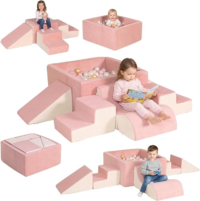 STAOLENE Soft Foam Climbing Blocks with Ball Pit, 6PCS Beige & Pink Indoor Climbing Toys for Toddler, Climb and Crawl Activity Play Set, Play Gym for Child Development (Balls not Included)