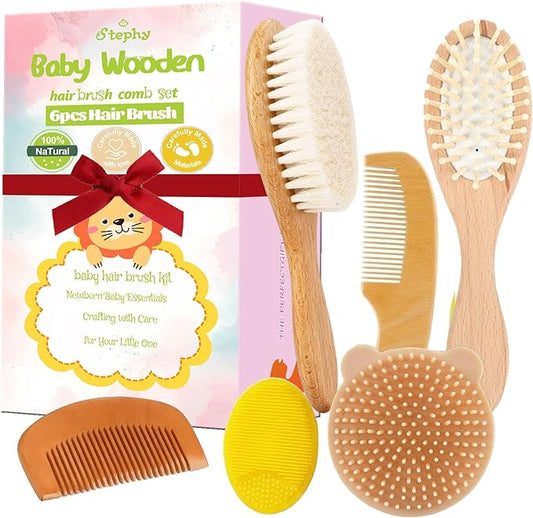 6 Piece Baby Hair Brush & Comb Set, Natural Bamboo & Goat Bristle for Cradle Cap Care, Newborn to Toddler Grooming Kit with Silicone Scrubbers for Scalp Massage