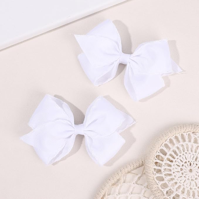 OAOLEER 5” 2PCS Hair Bows for Girls, White Grosgrain Ribbon Bows Hair Alligator Clips Hair Accessories for Girls Infants Toddlers Kids Teens Children (White)