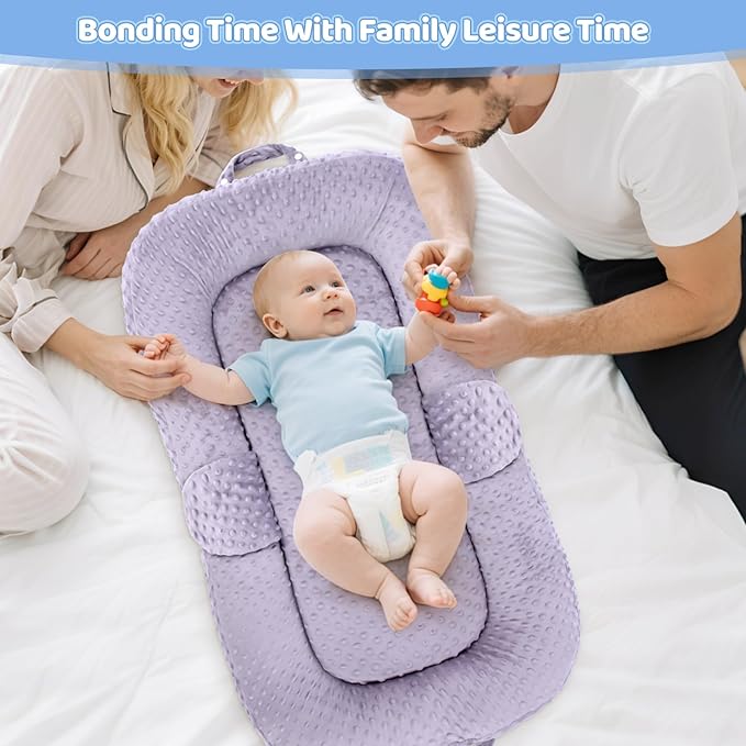 Baby Lounger for Newborn,0-12 months,Foldable Soft Infant Lounger pillow for Home and Travel, Baby Nest Lounger with cover,Multi-Use Portable baby lounger for Supervised Play&Tummy Time, Purple