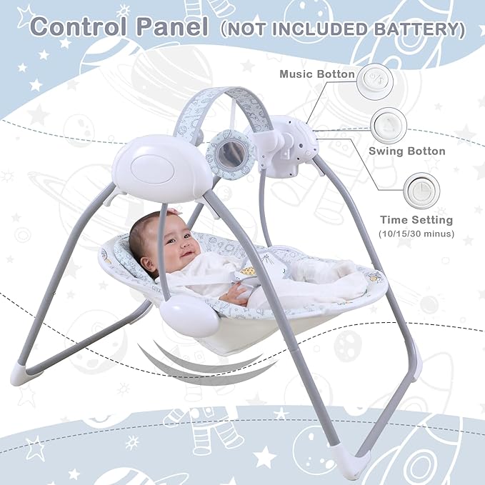 Baby Swing for Infant,Newborn Swing with Music,5 Speed Levels,Timing Setting,Soft Cushion,Foldable Infant Swing with with Hanging Planets Toy & Mirror for Indoor Outdoor Use 0-9 Months