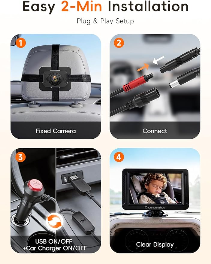 S100C Baby Car Camera USB Powered, Crystal Clear Auto IR Night Vision in Total Dark, Adjust Brightness & 1080P 5" IPS Monitor, 3X Zoom & 360° Rotating Backseat Camera for Rear or Forward-Facing