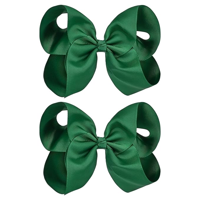 DEEKA 2 PCS 6" Big Hand-made Grosgrain Ribbon Solid Color Hair Bows Alligator Clips Hair Accessories for Little Teen Toddler Girls Kids Set of 2 -Hunter Green