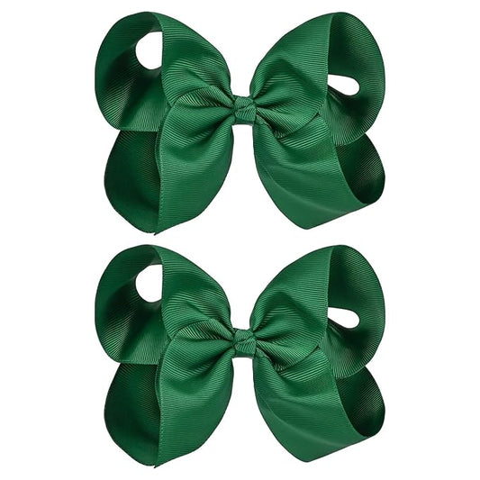 DEEKA 2 PCS 6" Big Hand-made Grosgrain Ribbon Solid Color Hair Bows Alligator Clips Hair Accessories for Little Teen Toddler Girls Kids Set of 2 -Hunter Green