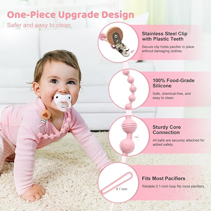 Silicone Pacifier Clip Holder for Baby Girls Boys, Christmas Baby Gifts 4-Pack One-Piece Soft Flexible Binky Clips Holder with Cute Texture, Anti-Loss Paci Clips for Birthday Baby Shower Essentials