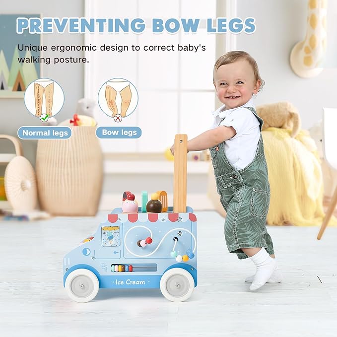 labebe Baby Push Walker, Wooden Activity Walker for Boys Girls 12M+, Push Walker Toy for Kids Learning to Walk, Adjustable Speed Learning Walking with Wheels, Birthday Gift for Babies Ages 1-3 (Blue)