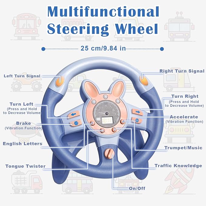 Kids Steering Wheel Toy for Car Backseat with Vibration & Adjustable Sound, Realistic Driving Simulator Toy for Toddlers 1-3, Educational Toddler Gifts