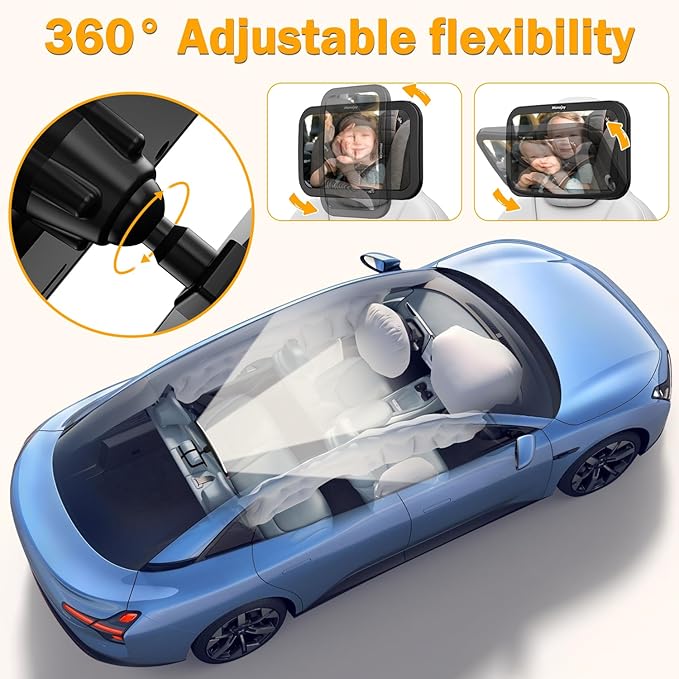 MONOJOY Baby Car Mirror Travel Car-Seat Infant Mirrors Safety Kids Rear View for Rear Facing with Wide View 360° Rotating|Adjustable|Shatterproof Convex Child Mirror, 11.8 ″ x 7.25 ″, Black