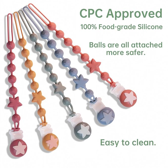 Silicone Baby Pacifier Clips for Boys and Girls, Pack of 2 Flexible Rust-Free Pacifier Holder Clip with One-Piece Design, Paci Binky Clips (Sage+Mustard)