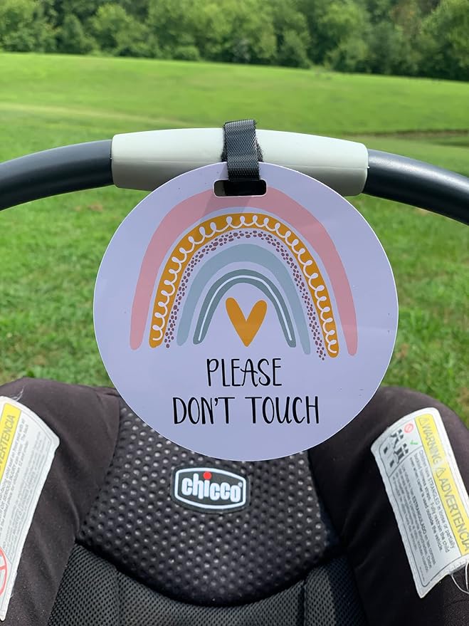 (Three Little Tots) No Touching Baby Car Seat and Stroller Two Pack- Baby Safety No Touching Car Seat Sign, Stroller Sign, Newborn Car Seat Tag- CPSIA Safety Tested (Rainbow/Black & White)