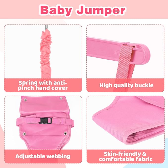 Baby Jumper, Indoor&Outdoor Baby Bouncer, Infant Jumper with Adjustment Strap for Boys Girls, Exercise Saddle Seat for Backyard, Easy to Assemble & Store (Pink)