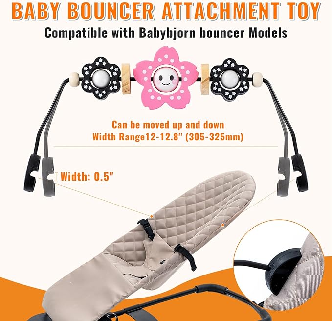 THE KENKYO Baby Bouncer Toy Bar Compatible with Baby Bjorn, Wooden Bouncer Toy Bar Attachment for Girls Boys, Fun Sensory Learning Toys for Toddler, Spinning Toys for Neworn Shower Gift