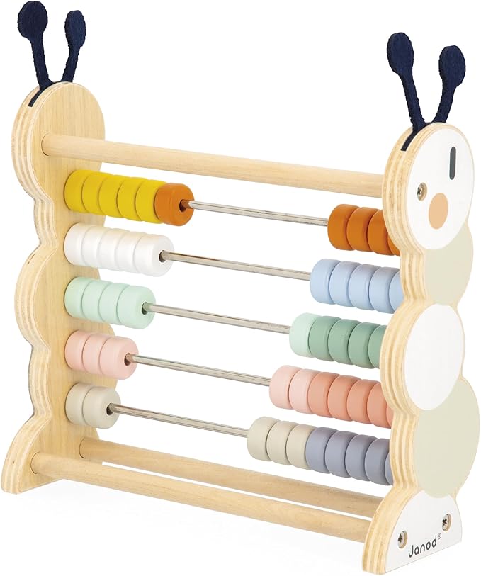 Janod - Wooden Learning Abacus - 50 Coloured Beads - Early Learning Toy - FSC Certified Wood and Water Paint - Develop Fine Motor Skills - From 18 Months - J04014