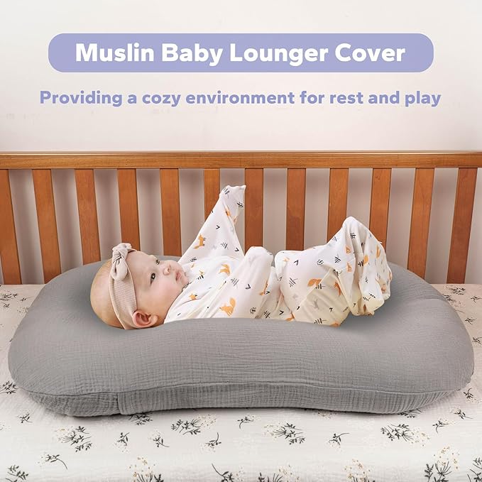 FUNUPUP Muslin Baby Lounger Cover Compatible with Snuggle Me Lounger, Infant Lounger Pillow Cover for Newborn, Removable Newborn Lounger Cover for Boys and Girls, Only Cover, Grey