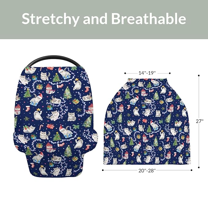 Blue Christmas Holiday Cats Car Seats Cover for Babies Winter Kitten Trees Lights Candy Stretchy 5-in-1 Cover Adjustable Car Canopy Breastfeeding Cover Cats Lover Gift Breathable Nursing Cover-Up