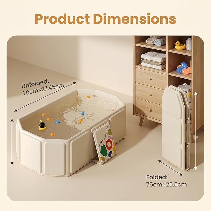 Baby Foldable Kids Bathtub for Infants to Toddler with Non-Slip Base,Easy Storage,Perfect for Small Spaces (White)