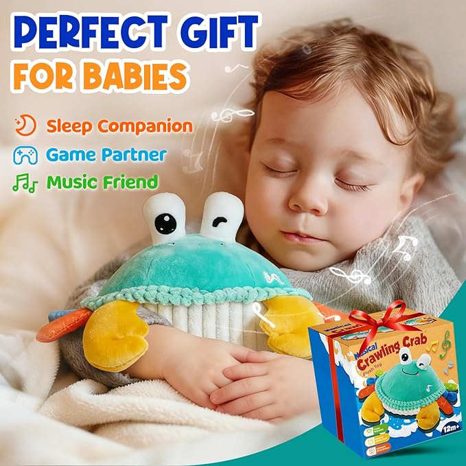 FUNZBO Baby Tummy Time Toys 12 18 Months -Musical Dancing Crawling Crab Babies Plush Toy, Interactive Infant Toys With 50 Songs & Recording Feature,Birthday Gifts for 1 2 3 Year Old Boys Girls Toddler