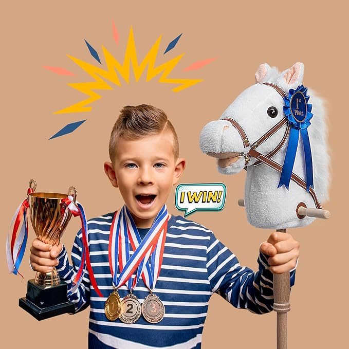 HollyHOME Stick Horse Plush with Detachable Blue Ribbon Champion Hobby Horse on Stick with Wood Wheels Real Pony Neighing and Galloping Sounds for Kids Toddlers White 36 Inches(AA Batteries Required)