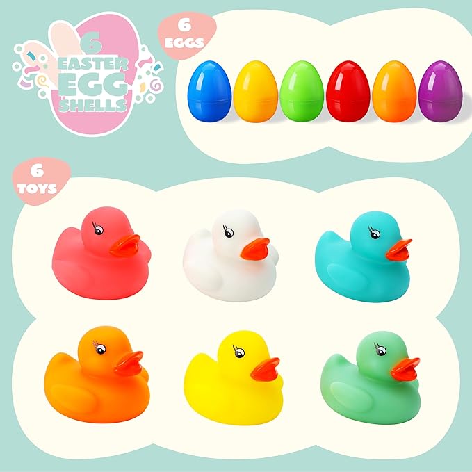 JOYIN 6 Pcs Pre-Filled Easter Eggs with Light-up Floating Duck Bath Toys for Kid Toddlers Easter Eggs Hunt, Basket Stuffers/Fillers, Filling Treats, Party Favor, Classroom Prize Supplies