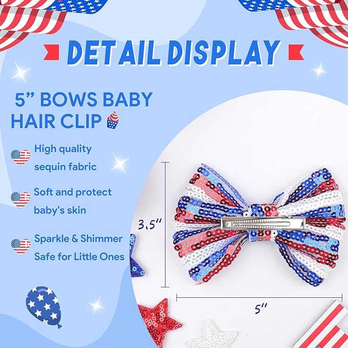 4th of July Bow Hair Clips for Girls Glitter Hair Accessories 5” Big Bows Hairpin Baby Barrettes Sequins Cheer Bows Red Blue Stripes 2 Pcs