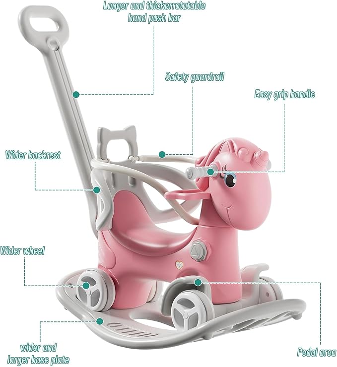 Rocking Horse for Toddlers 1-3 Years,4 in 1 Design, Kids Ride on Toy Balance Bike Push Cart with Detachable Balance Board,Fun Birthday Gifts-Pink