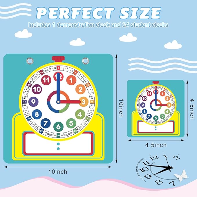 Junkin 25 Pcs Teaching Clock Kit, Learning Clocks for Kids Learning Time with Erasable Surface for Home School Classroom Supplies(Vivid Style)