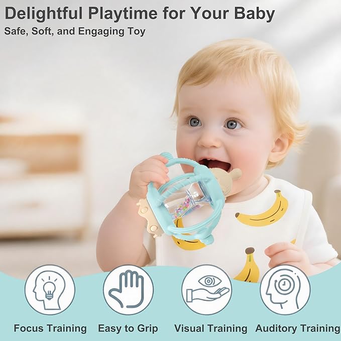 Baby Carousel Teething Toy with Soft Silicone & ABS, 2-in-1 Rattle and Removable Teether Ring, BPA-Free Multi-Sensory Toy for Infants 0–12 Months Newborn Gift for Boys and Girls (Mint Green)
