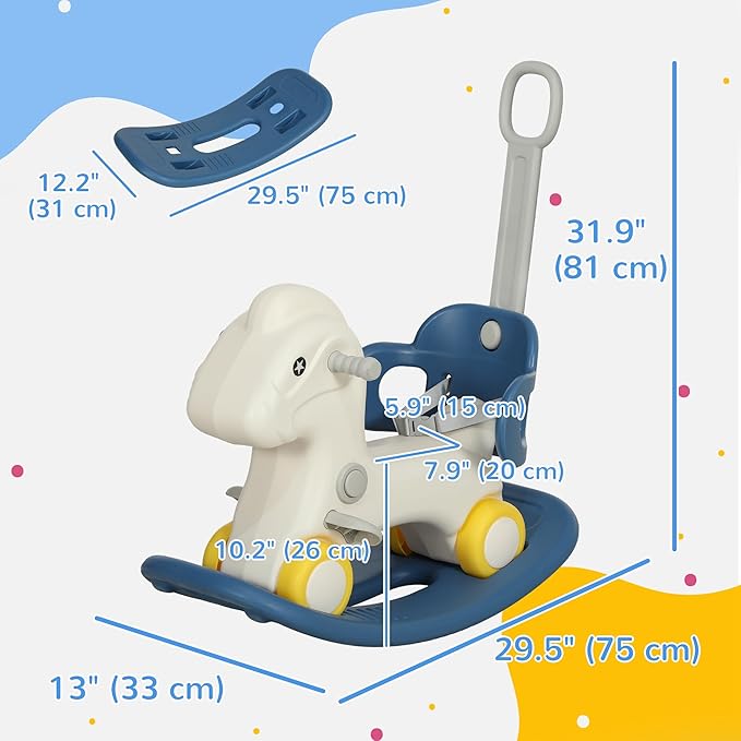 Qaba 4-in-1 Rocking Horse for Toddlers 1-3 Years, Baby Rocking Horse with Detachable Balance Board and Push Handle, Horse-Shaped Ride On Toy with 4 Smooth Wheels, for Baby Girls and Boys, Blue