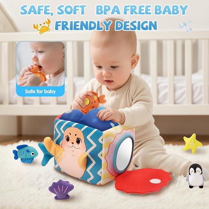 SAIMAND Baby Toys 6-12 Months–Mystery Soft Box with 5 Plush Marine Animals,Rattle,Crinkle Paper & Mirror–Montessori Sensory Toys for 6 Month Old Babies 1-3 Year Old Boy Girl Birthday