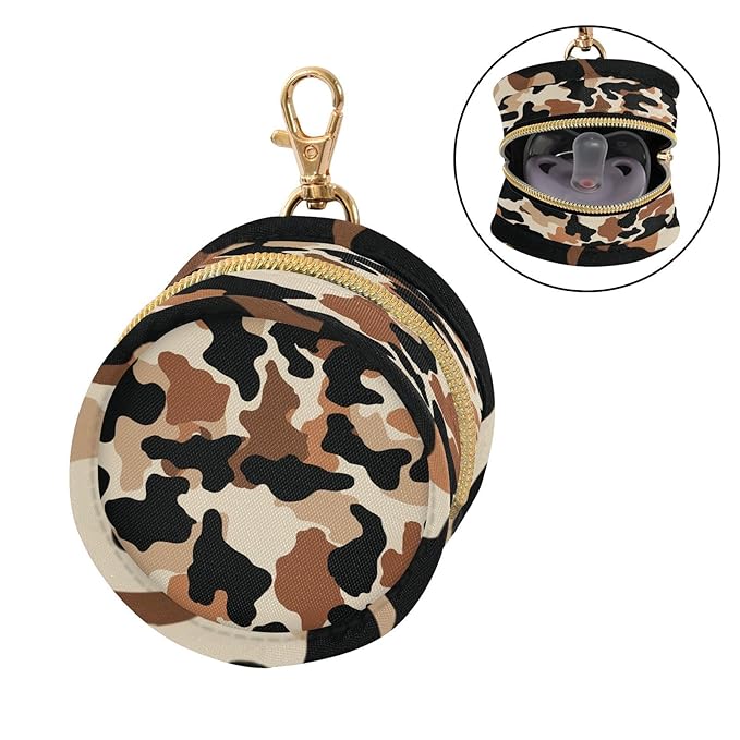 Pacifier Holder with Clip Pacifier Case for Diaper Bag Round Baby Pacifier Pouch Box Bag Portable Black Brown Cow Print