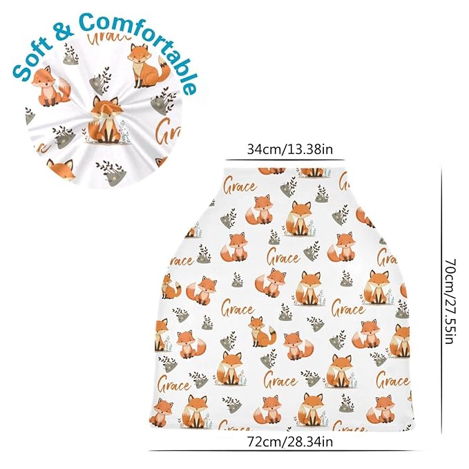 Personalized Cute Fox Baby Car Seat Covers for Girls Boys, Customized Baby Carseat Cover with Name, Breathable Nursing Cover Breastfeeding Scarf, Multi-Use Stroller Canopy for Newborn Infants