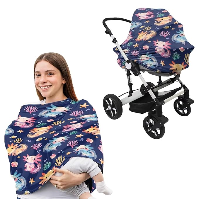 Axolotls Carseat Canopy for Babies Multi-use Nursing Carseat Canopy Nursing Pillow Cover for Baby Boy Girl Breastfeeding Essentials Coral