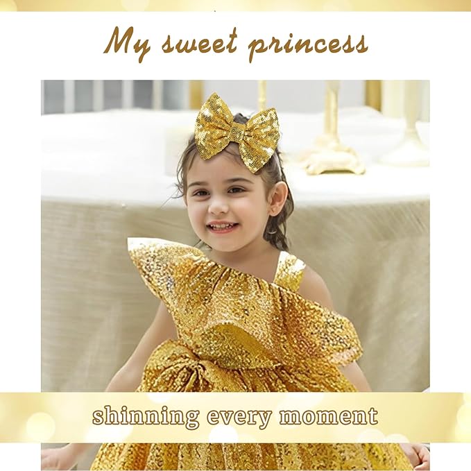Hair Bows for Girls - Alligator Hair Clips, Sequin Big Bows for Babies, Toddlers, and Teens - Gold Bow Hair Accessories