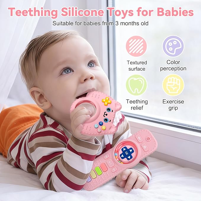 2 Pack Baby Rattles Teething Toy for Babies 3-6 Months, Teething Relief for Infant 6-24 Months, Silicone Teethers TV Remote Boys and Girls Sensory Toy