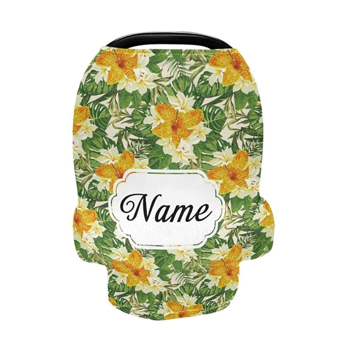 Personalized Baby Car Seat Covers with Name, Customized Carseat Cover for Babies, Infant Carrier Cover Stroller Canopy, Nursing Cover Breastfeeding Scarf for Newborn Boys Girls, Tropical Flower