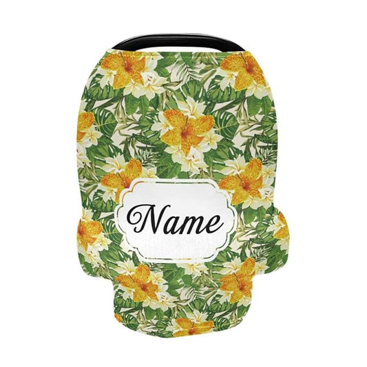 Personalized Baby Car Seat Covers with Name, Customized Carseat Cover for Babies, Infant Carrier Cover Stroller Canopy, Nursing Cover Breastfeeding Scarf for Newborn Boys Girls, Tropical Flower