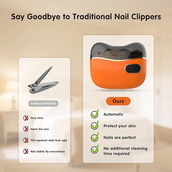 Bestkid Electric Nail File Baby with Polishing, 2-Speed Safety First Automatic Infant Nail Clipper with LED Light & Nail Craps Storage, Orange Smart Finger Nail Trimmer for Kids Adults Caregivers