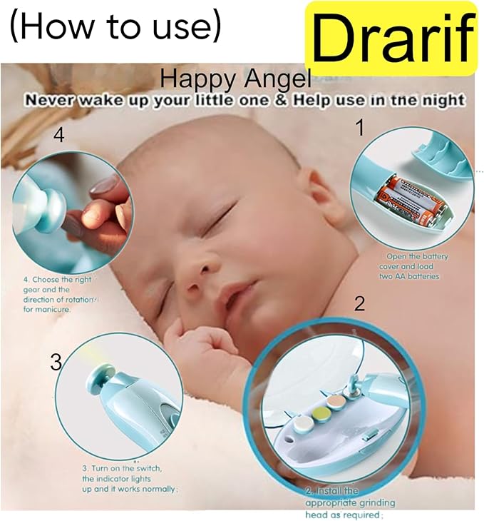 Drarif Baby Nail Trimmer Electric 14 in 1 Manicure Set with four Extras Safe Baby Nail File Kit Portable Quite with LED light. Electric Nail File Baby Finger or Toe Nails, for Baby as well as Mothers.