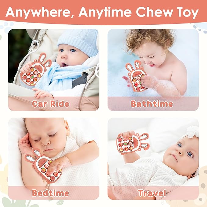 MISSLILI Teething Toys for Babies, BPA-Free Silicone Teether Toy for Infants, Cute Rabbit Phone Design with Easy-Grip Ears, Soothing Gums and Push Pop for Boy and Girl